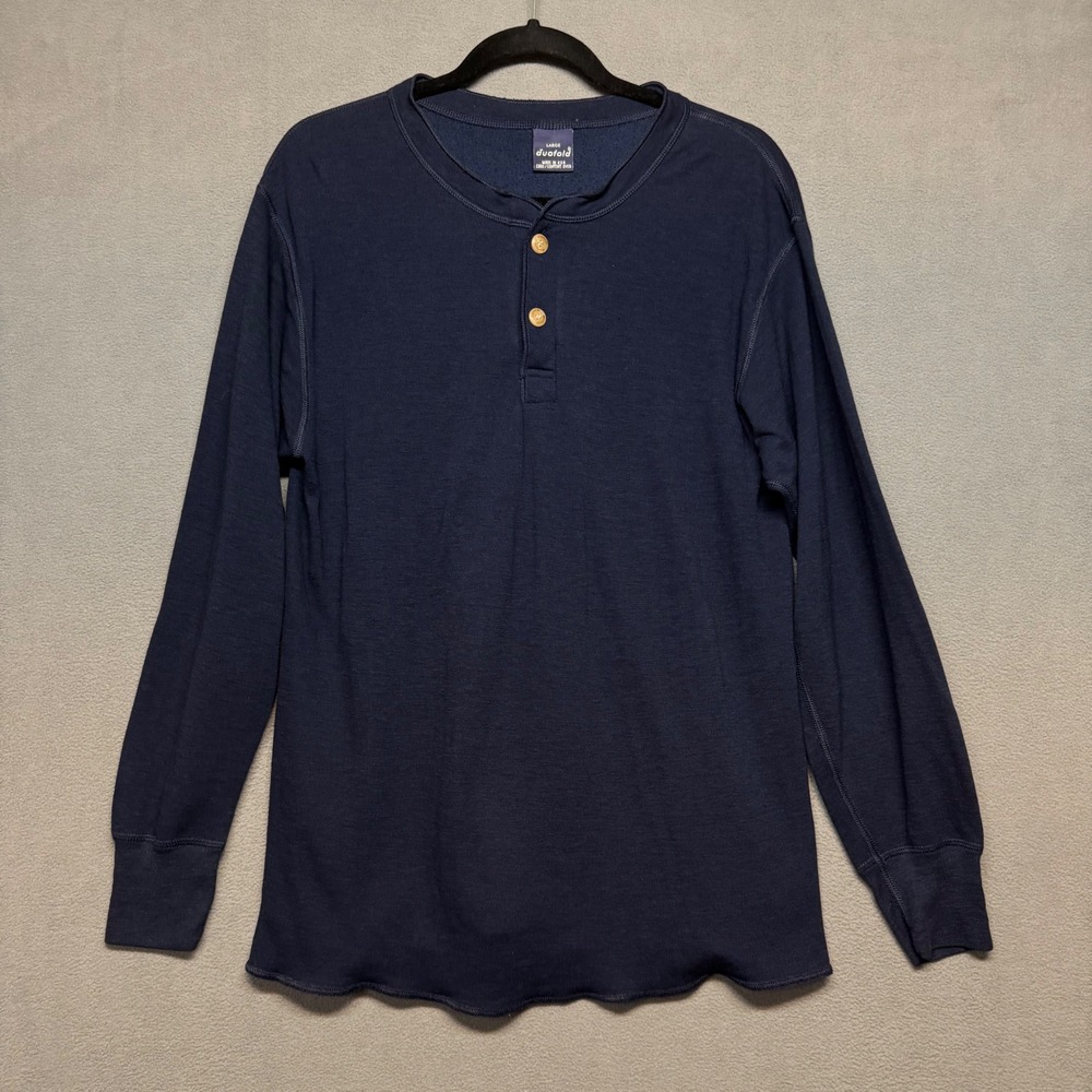 Vtg Duofold Henley Shirt Thermal Base Layer Wool Blend L Navy Blue Made in USA